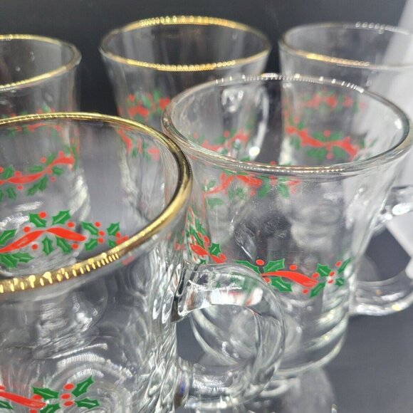 VTG Libbey Christmas Holly Berry Irish Coffee Mugs Glass footed Gold rim - Picture 6 of 6